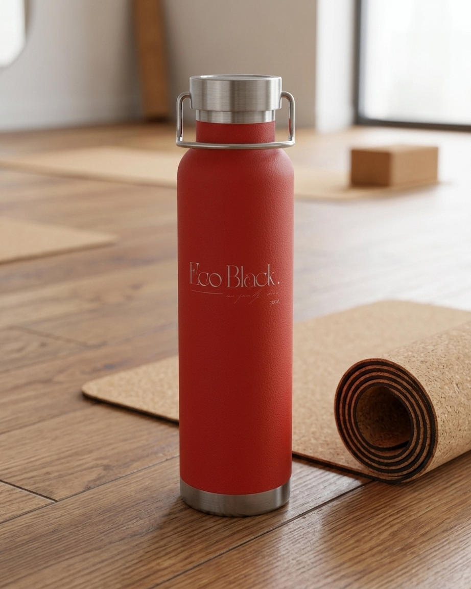 Red water bottle with silver cap on a wooden floor next to a yoga mat