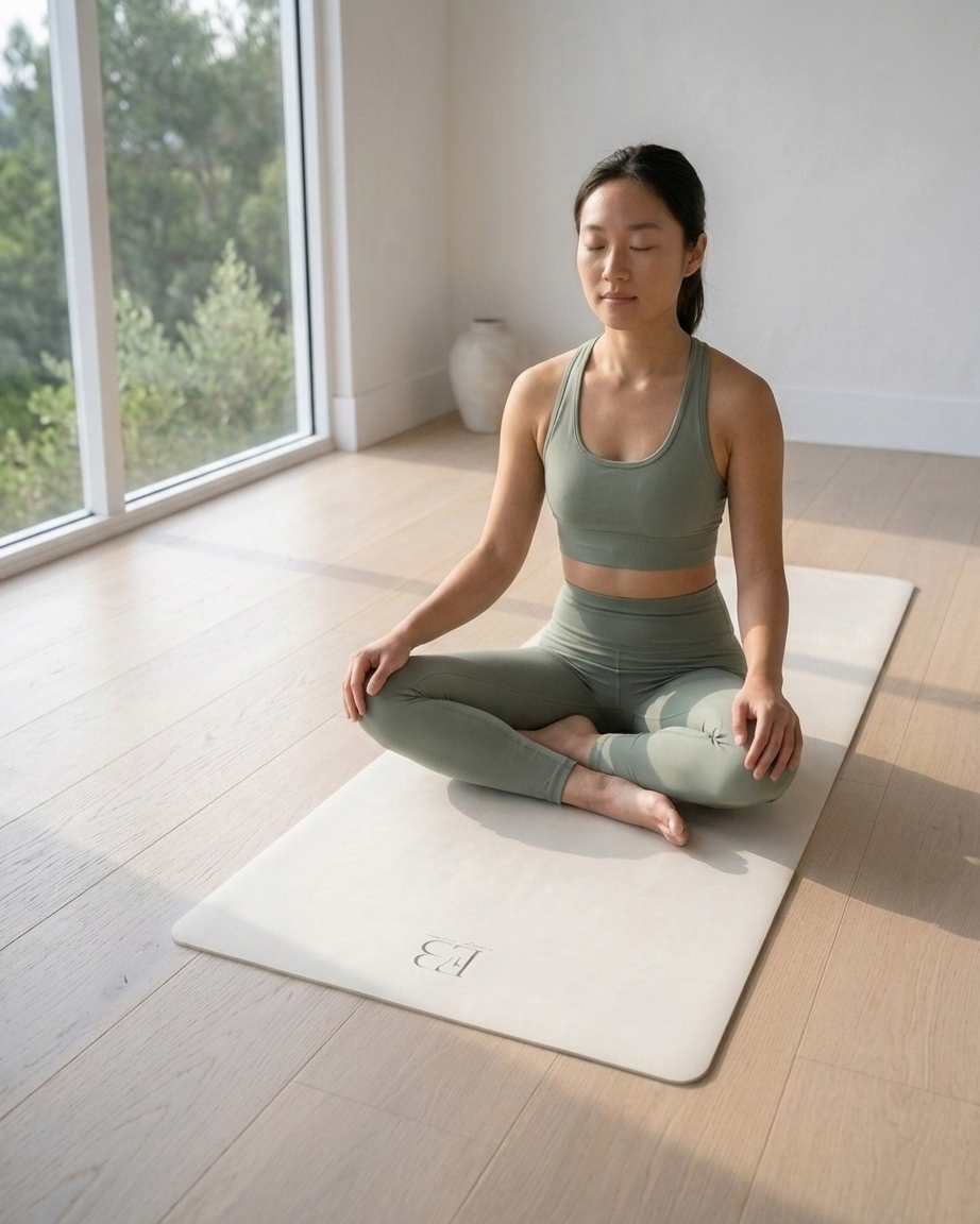 Cream natural rubber yoga mat on floor, with person kneeling and stretching