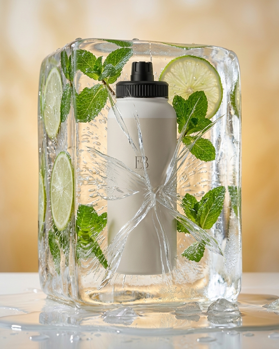 A frosted white bottle with a black cap sits inside a clear ice block filled with mint leaves and lime slices, on a reflective surface against a warm beige background.