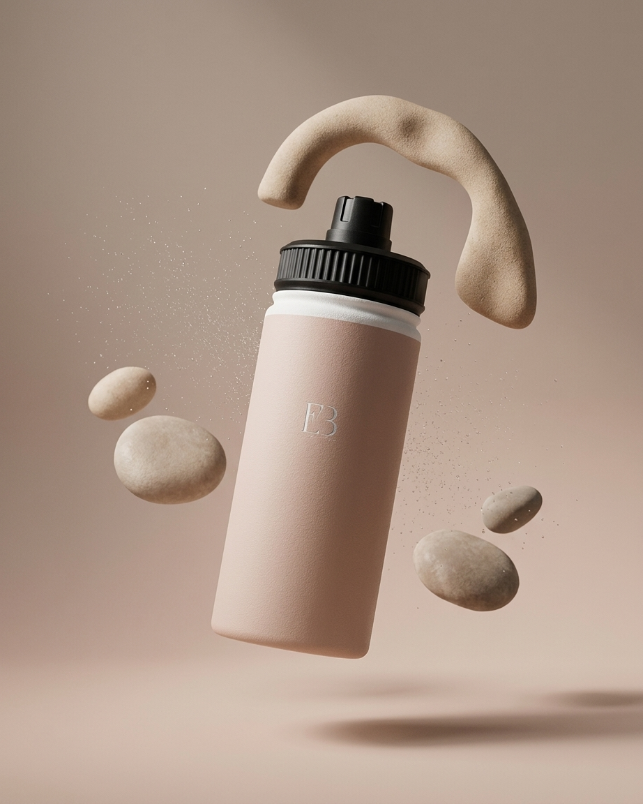 A matte blush pink water bottle with a black cap and white collar, floating in mid-air against a warm beige background. A matching curved beige silicone loop is attached above the bottle, and several floating beige stones surround it.
