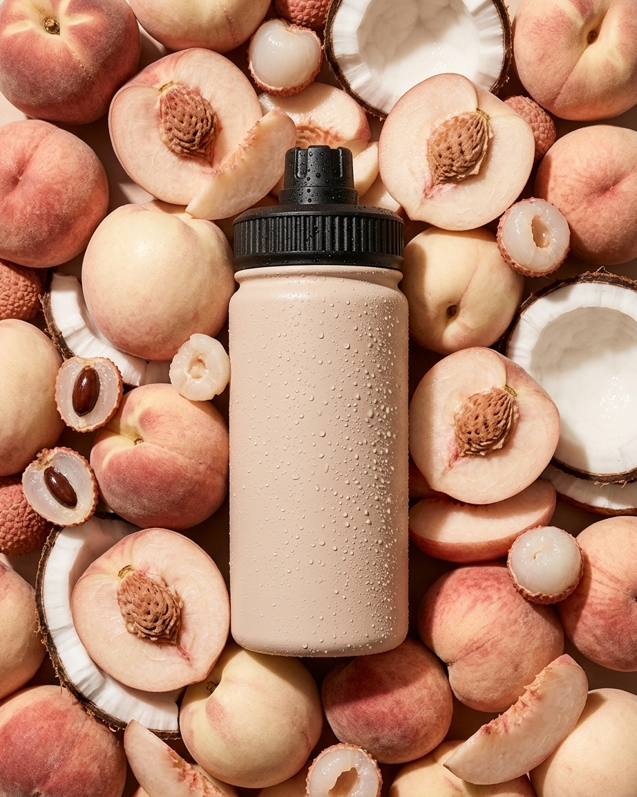 A beige insulated water bottle with a black cap, surrounded by sliced peaches, whole peaches, and coconut halves on a warm peach-toned background.