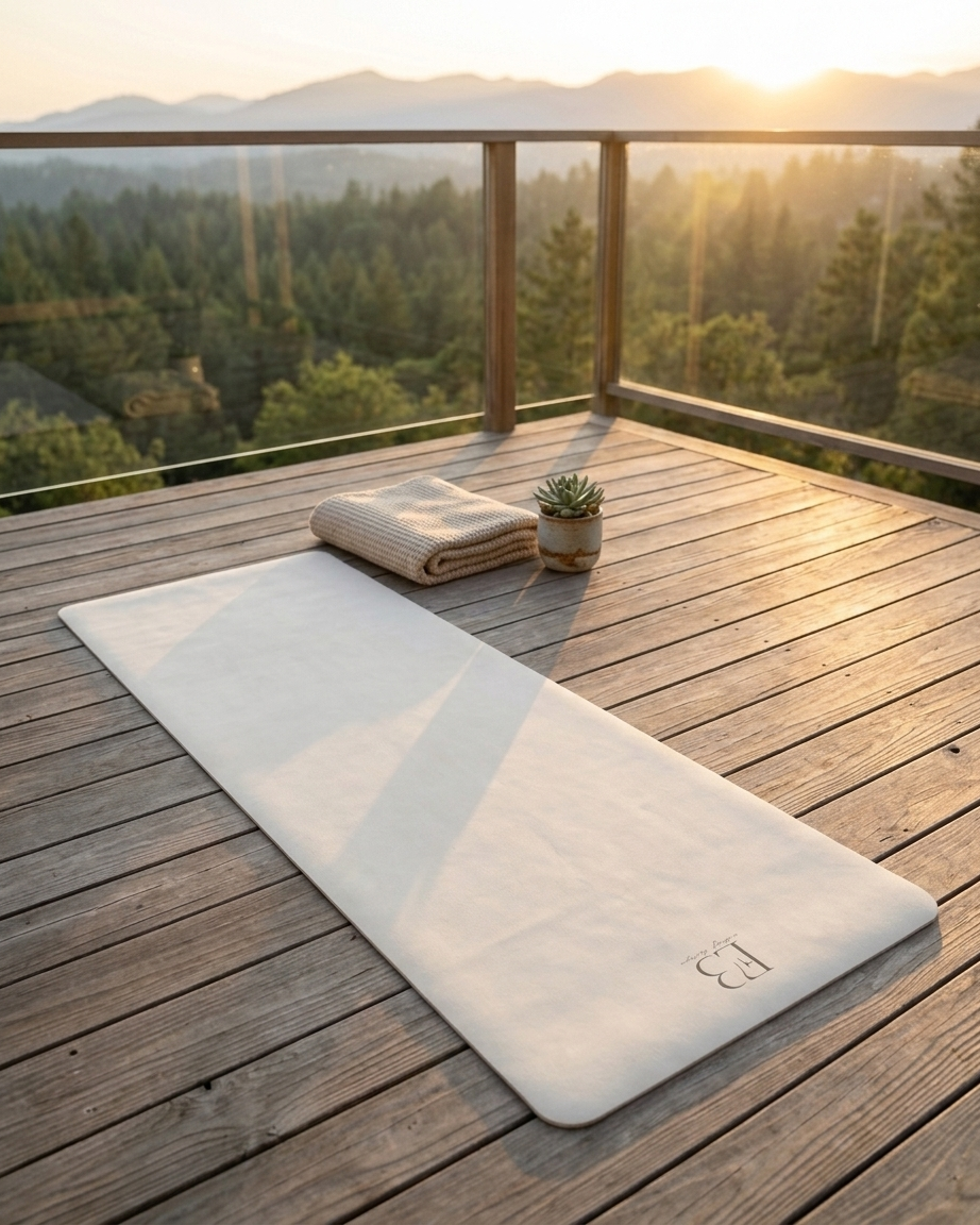 Vanilla cream yoga mat outdoors on a wooden deck