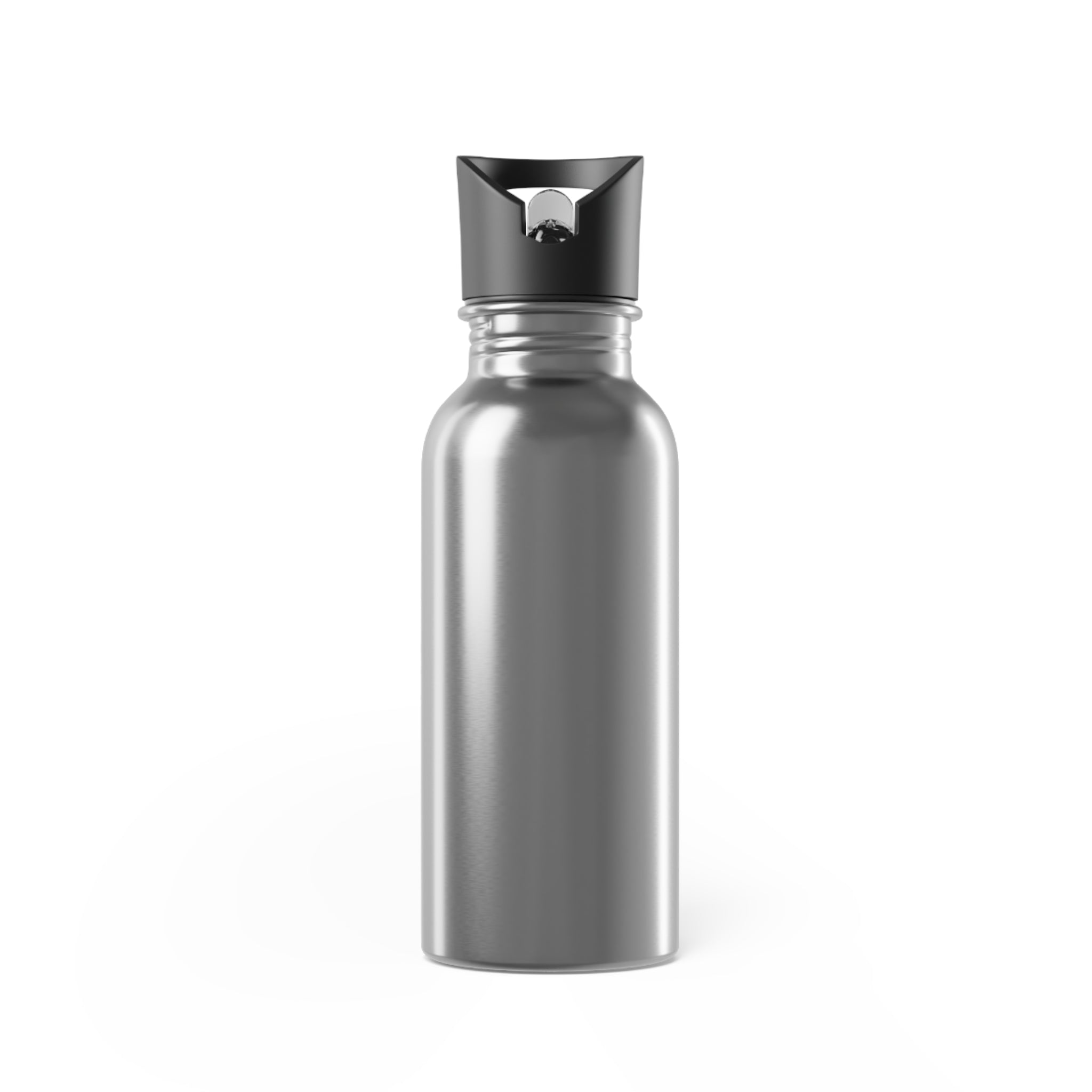 Silver water bottle with black cap on a white background Eco Black 20oz Stainless Steel Water Bottle with Straw — Durable Travel Hydration Bottle