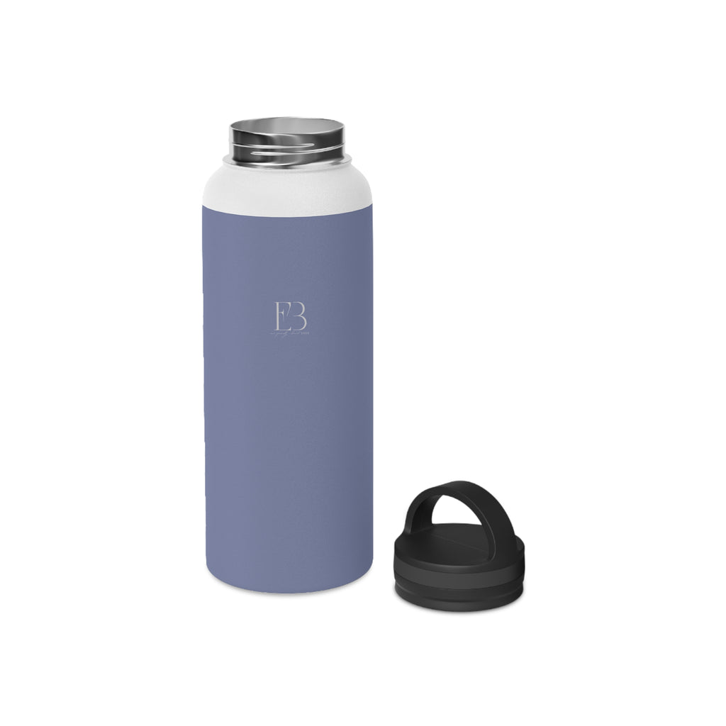 Pale iris insulated water bottle with black carry lid beside it