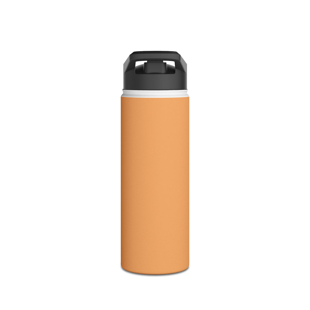 Matte gold insulated water bottle with black lid, centered front view