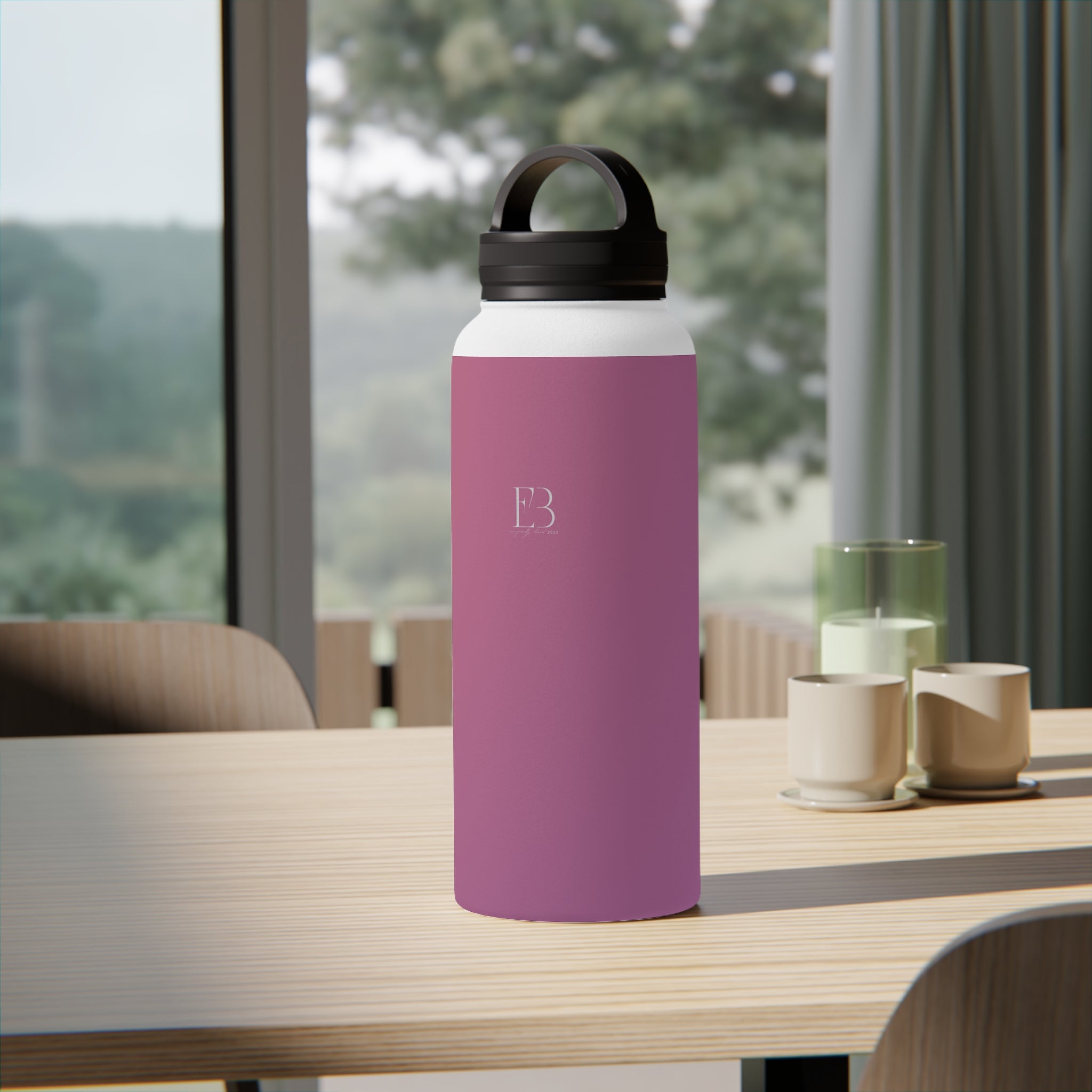 Rose orchid insulated stainless steel water bottle with black carrying-handle lid, front view