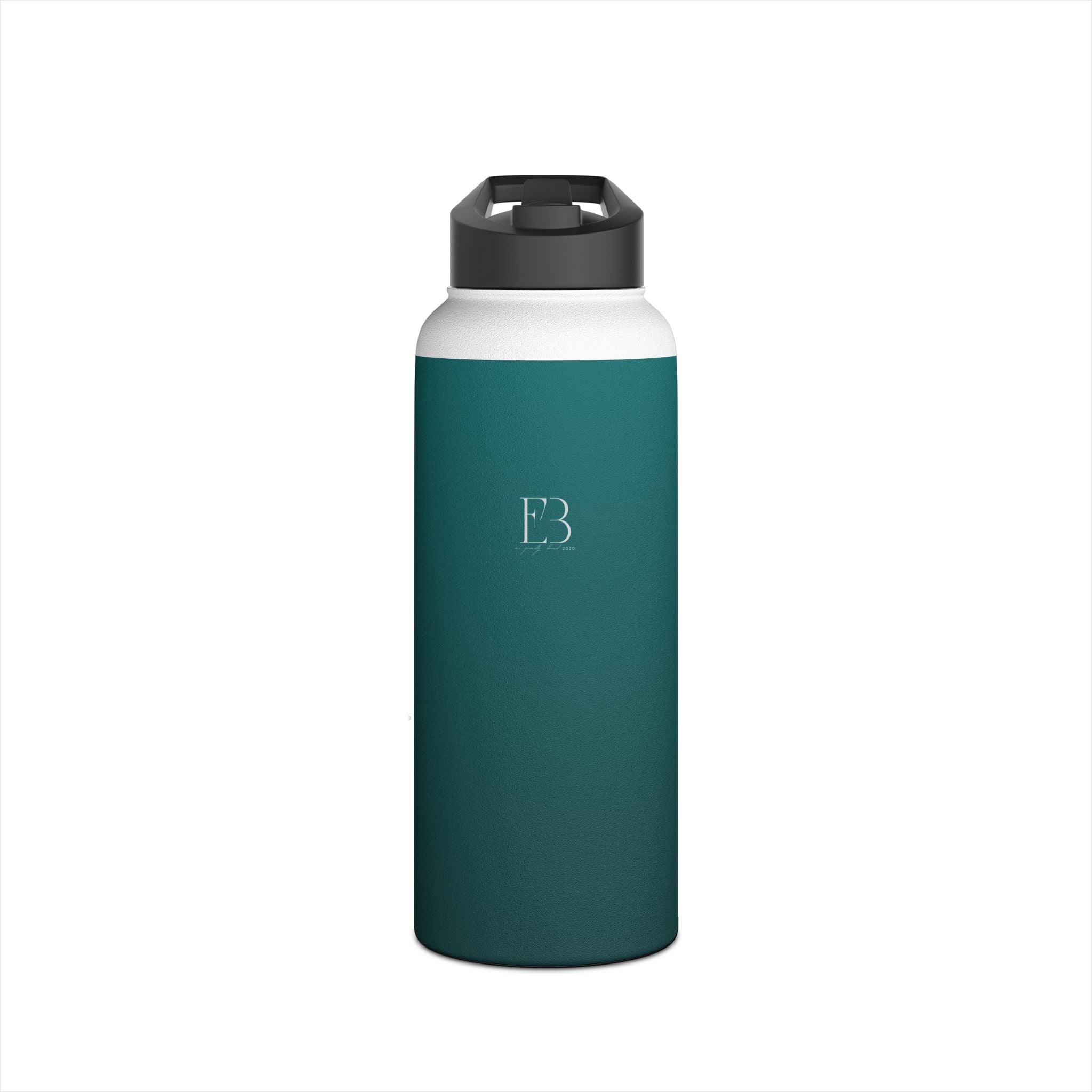 Deep teal matte stainless steel water bottle with black lid, front logo, and rounded body.