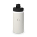 Vanilla cream insulated water bottle with black sports lid, E3 logo on front