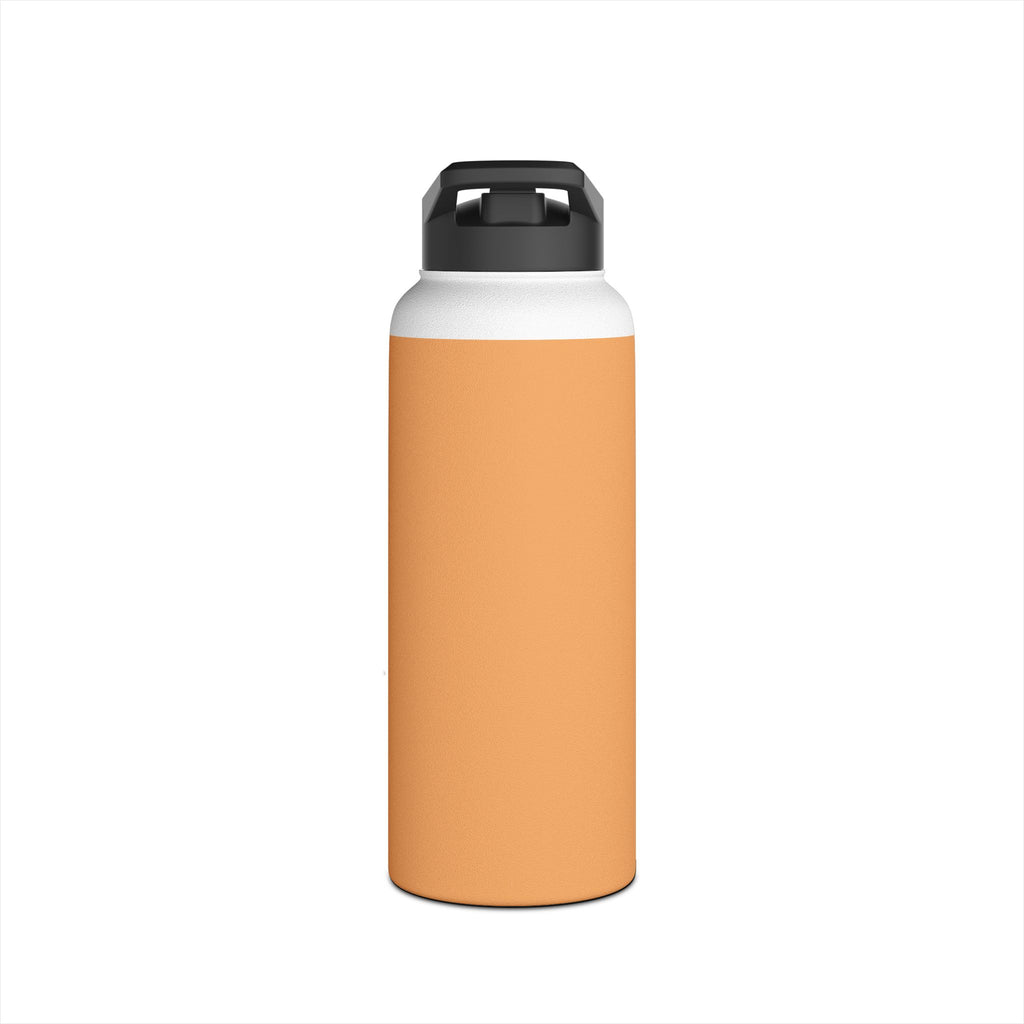 Matte orange-gold stainless water bottle with black carry handle lid, centered view