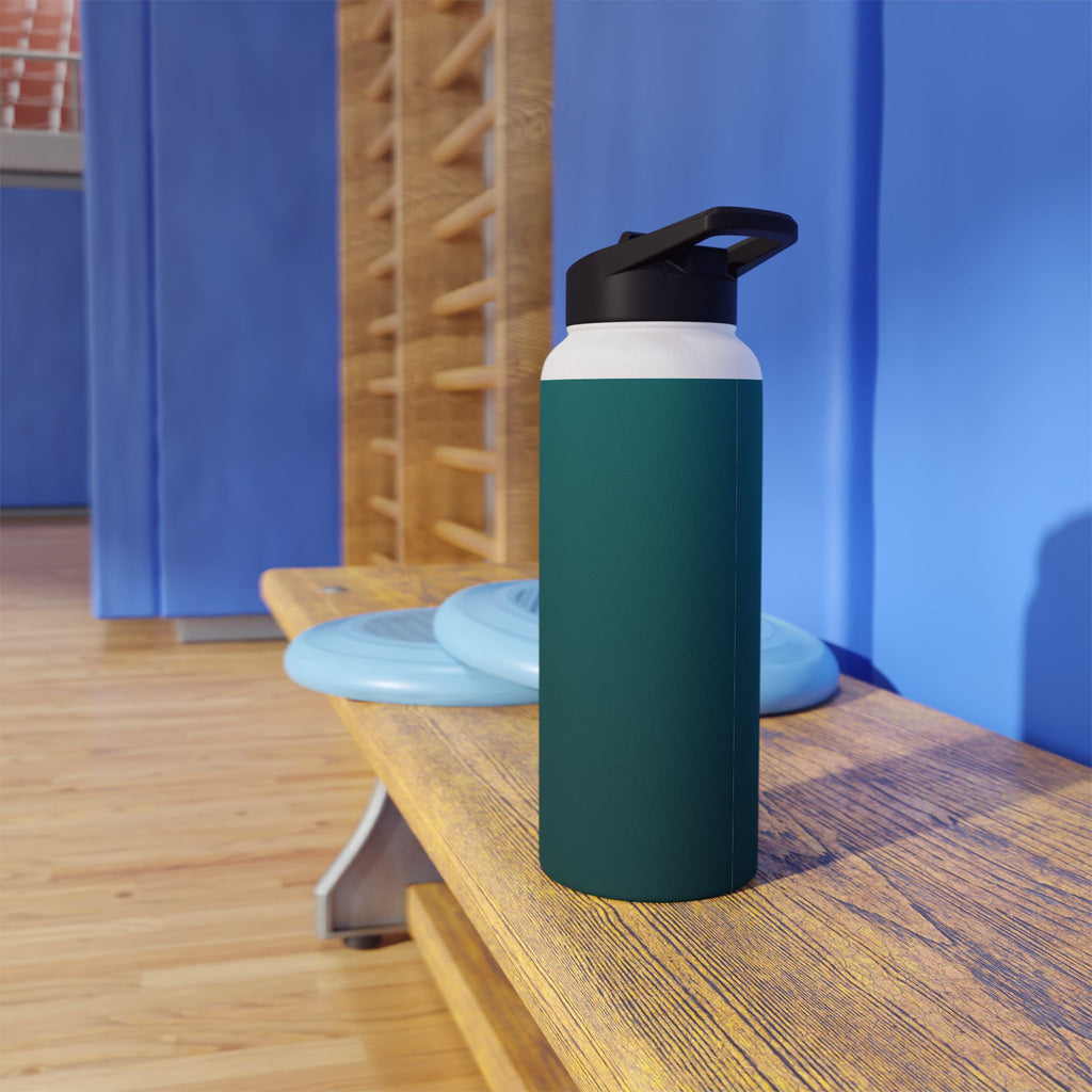 Matte stainless steel water bottle in deep teal with black sports lid