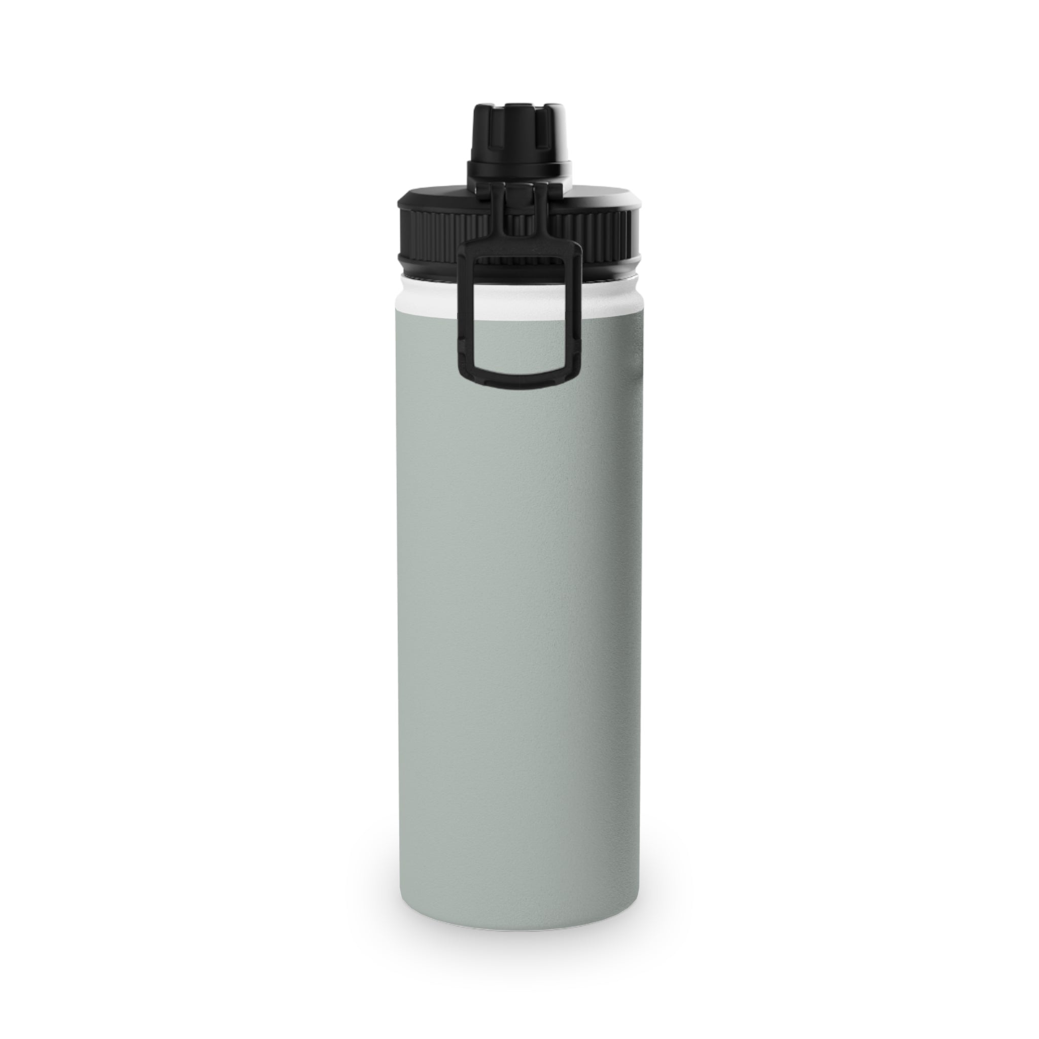 Sage insulated stainless steel water bottle with black lid and carry loop
