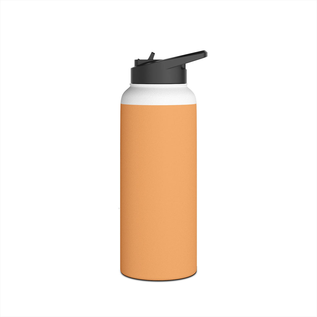 Matte orange-gold stainless water bottle with black sports lid, close front view