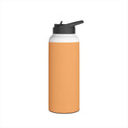 Matte orange-gold stainless water bottle with black sports lid, close front view