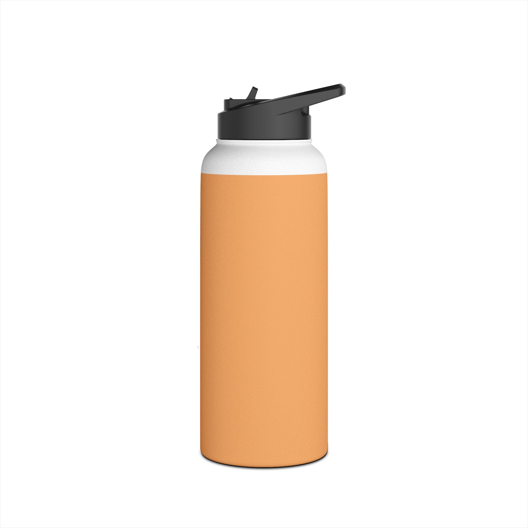 Matte orange-gold stainless water bottle with black sports lid, close front view