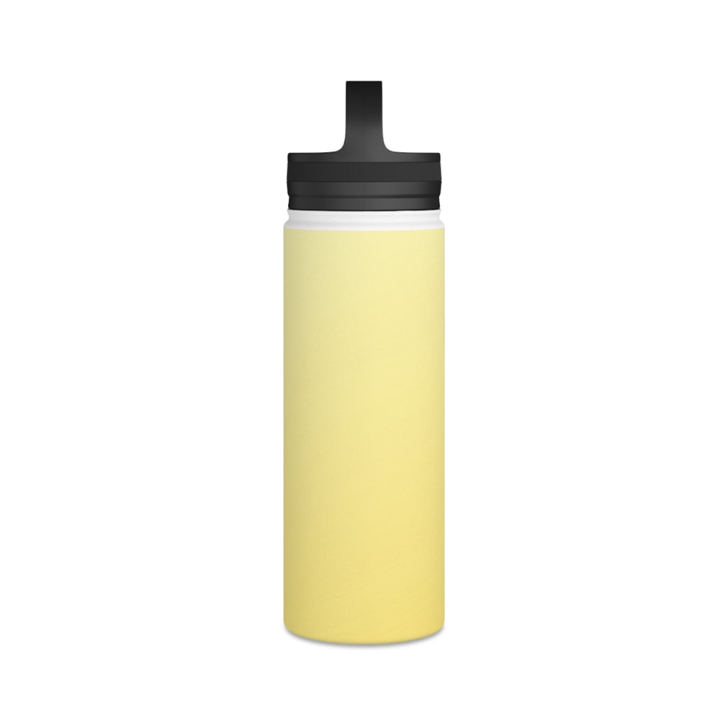 Lemon yellow insulated stainless steel water bottle with black lid and carry handle.