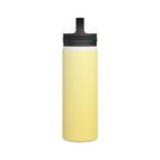 Lemon yellow insulated stainless steel water bottle with black lid and carry handle.