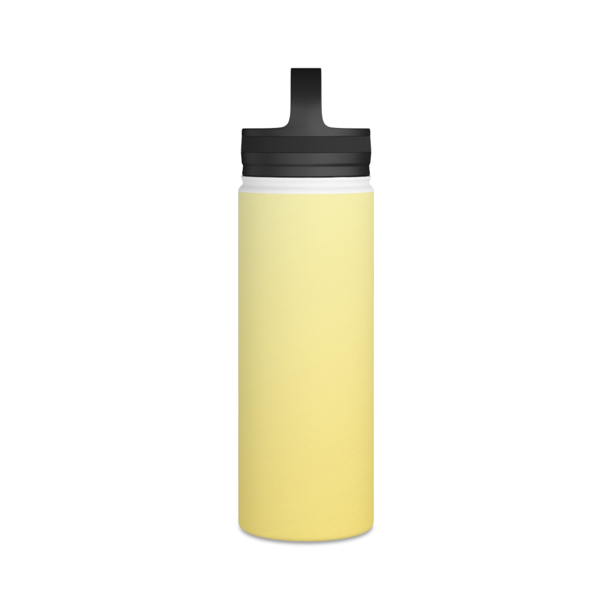 Lemon yellow insulated stainless steel water bottle with black lid and carry handle.