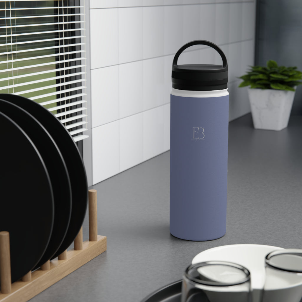 Pale iris insulated water bottle with black carry handle lid, front view