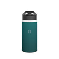 Deep teal matte stainless steel water bottle with sports lid and side logo.