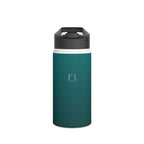 Deep teal matte stainless steel water bottle with sports lid and side logo.