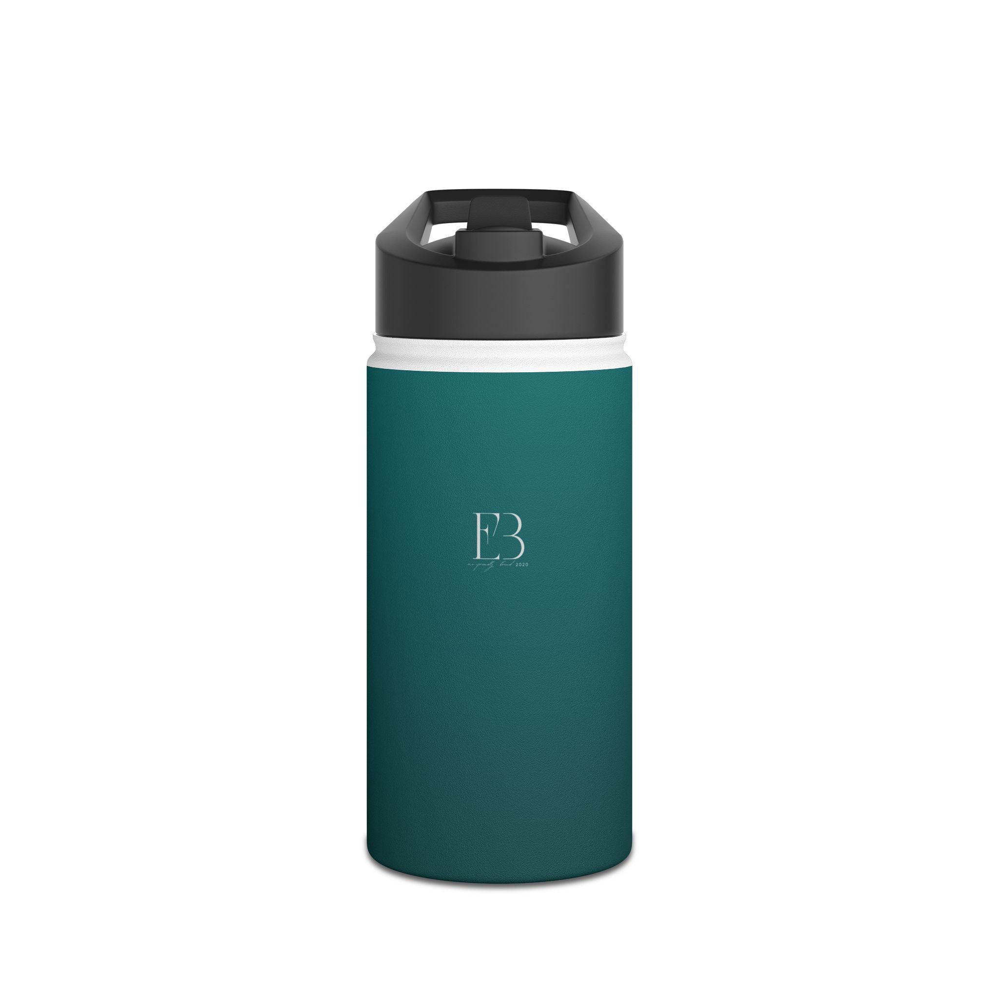 Deep teal matte stainless steel water bottle with sports lid and side logo.