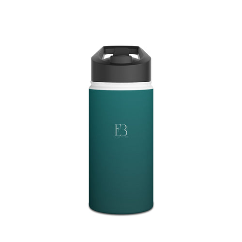 Deep teal matte stainless steel water bottle with sports lid and side logo.