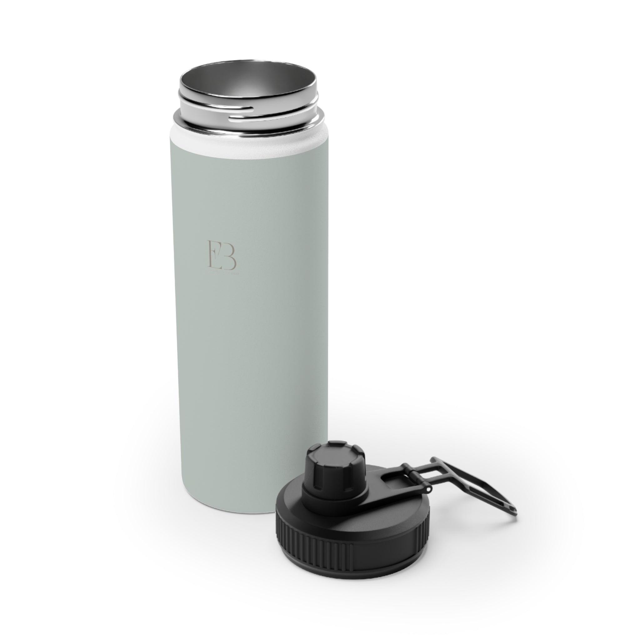 Sage insulated stainless steel water bottle with metal lid and black sports lid