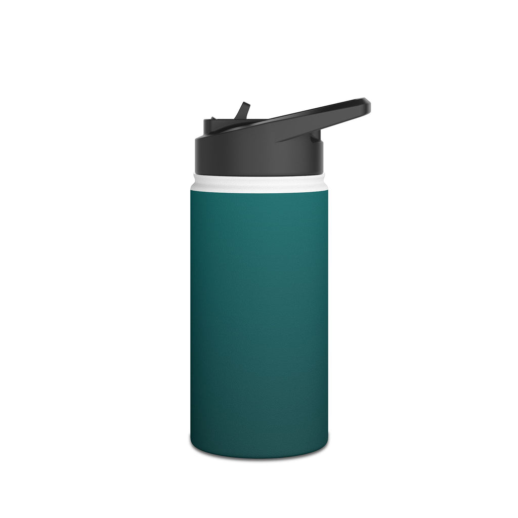Deep teal matte stainless steel water bottle with hinged sports lid held open.