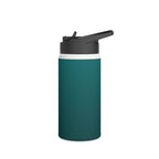 Deep teal matte stainless steel water bottle with hinged sports lid held open.