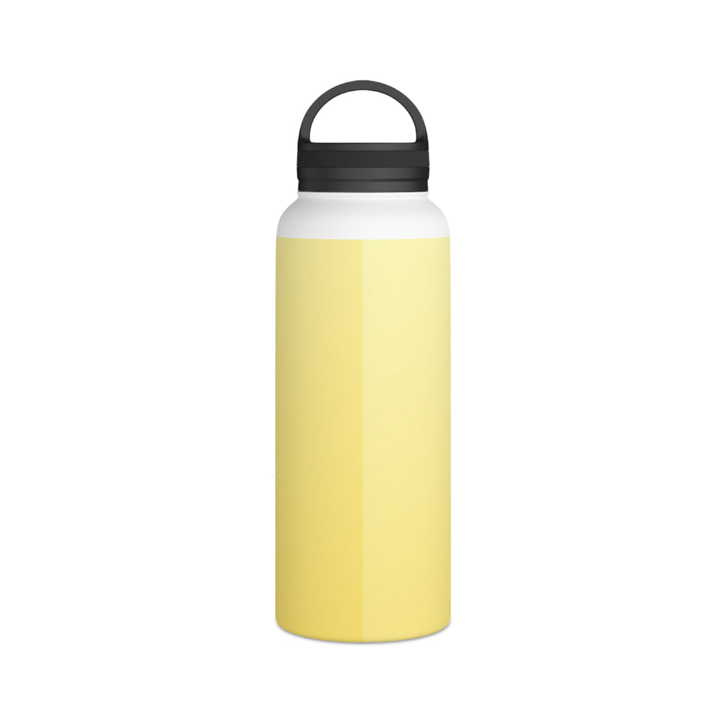 Lemon yellow insulated stainless steel water bottle with black carry-handle lid.