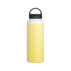 Lemon yellow insulated stainless steel water bottle with black carry-handle lid.