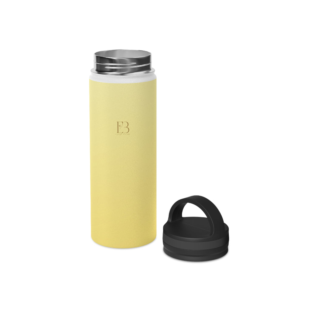 Lemon yellow insulated water bottle with stainless lid and separate black handle base.
