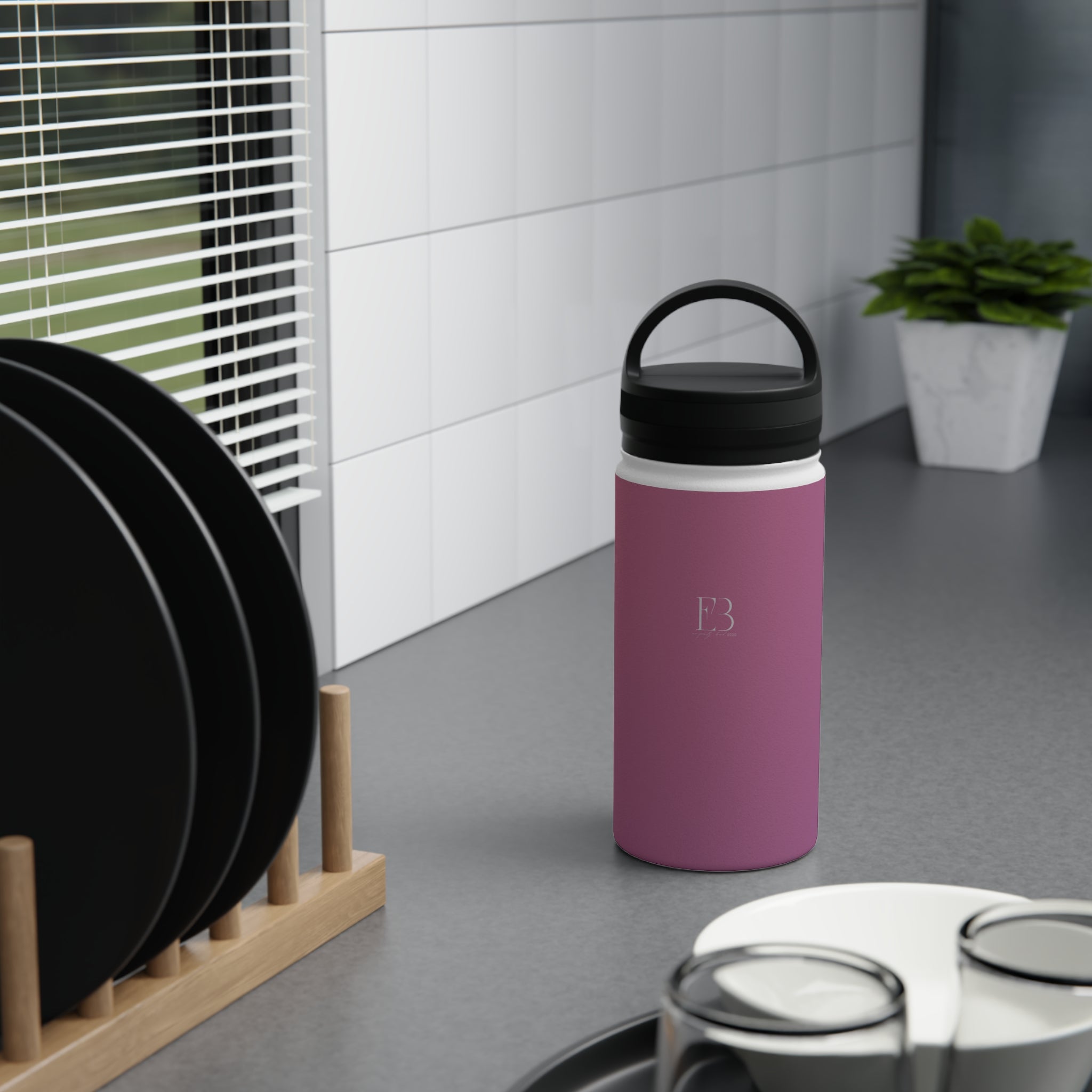 Rose orchid insulated stainless steel water bottle with black handle lid, E3 logo
