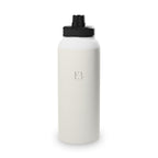 Vanilla cream insulated water bottle with black sports lid, E3 logo visible