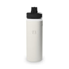 Vanilla cream insulated stainless steel water bottle with black screw lid, logo on front.