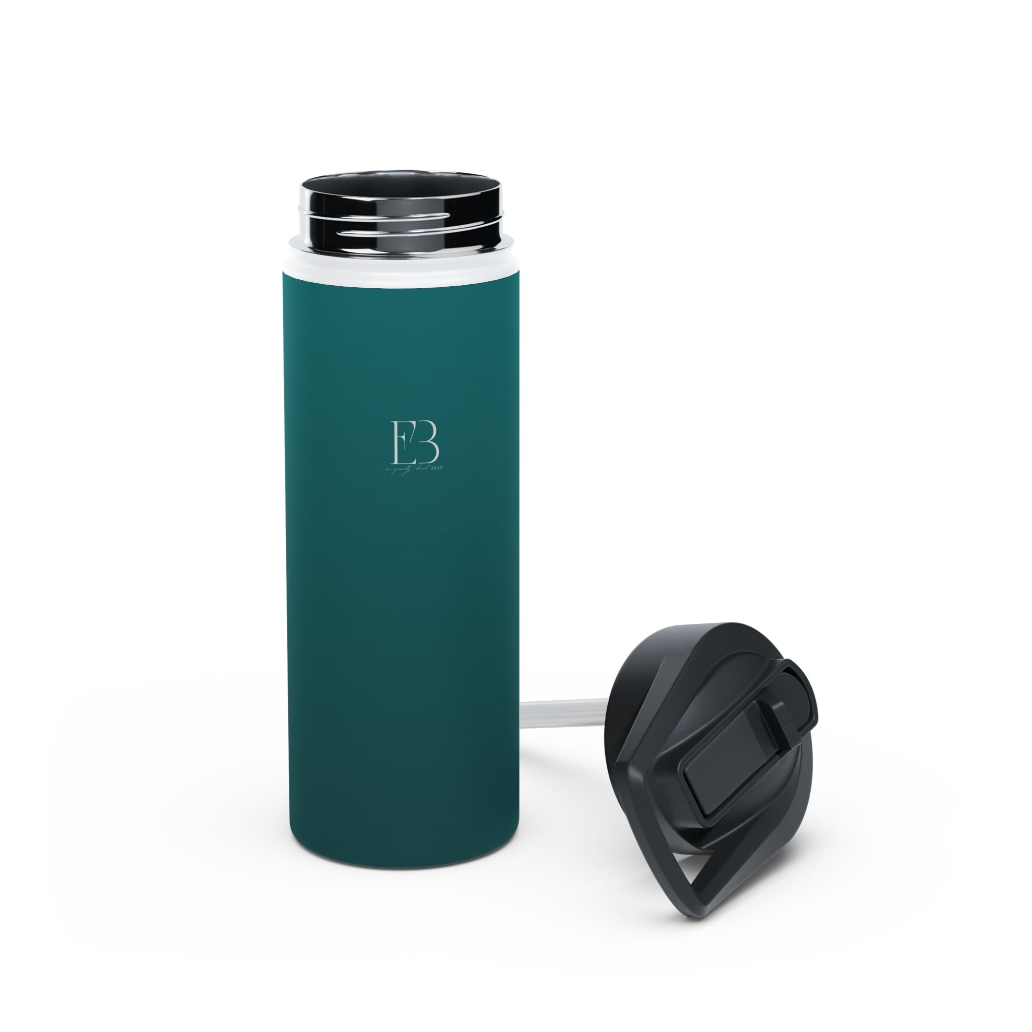 Deep teal stainless steel water bottle with E3 emblem and sport cap