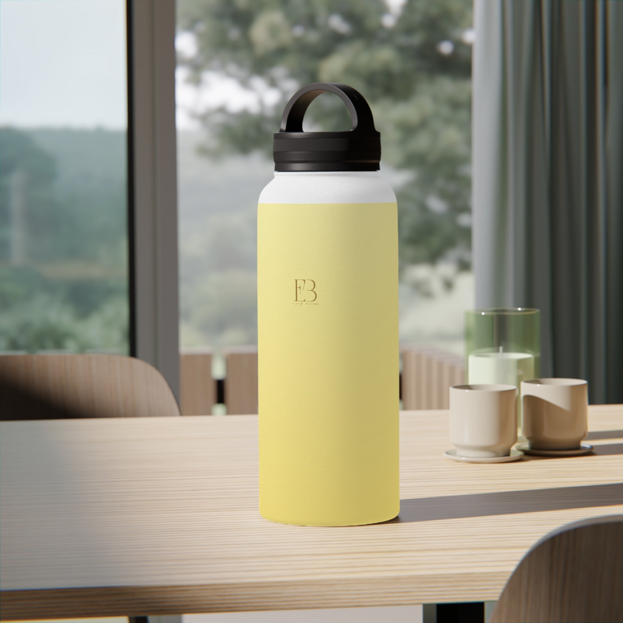 Lemon yellow insulated water bottle with black flip-top lid and carry handle.
