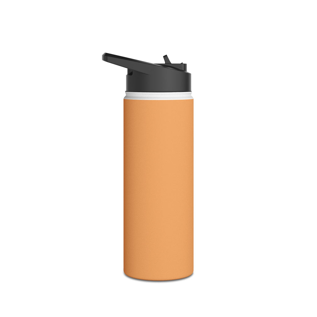 Matte orange-gold stainless water bottle with black sports lid, upright cylindrical body