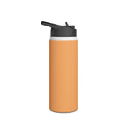 Matte orange-gold stainless water bottle with black sports lid, upright cylindrical body