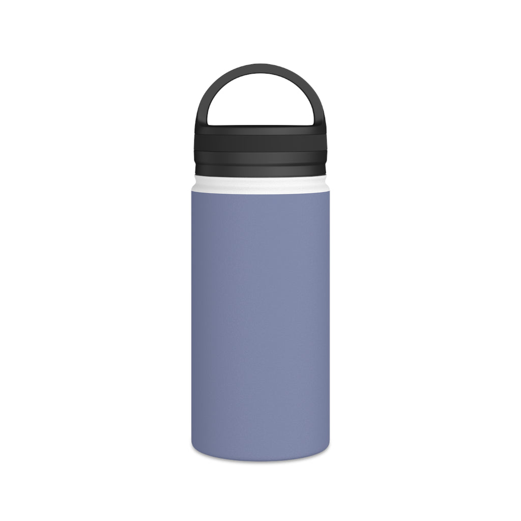 Insulated stainless steel water bottle in pale iris with black handle lid