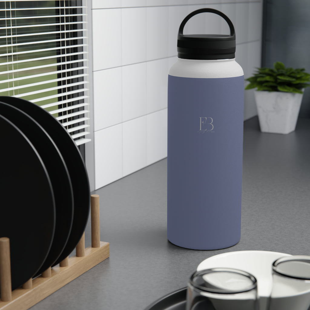 Insulated water bottle with handle lid, light pale purple, stainless steel.