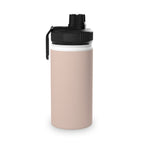 Blush insulated stainless water bottle with black flip-top lid and strap