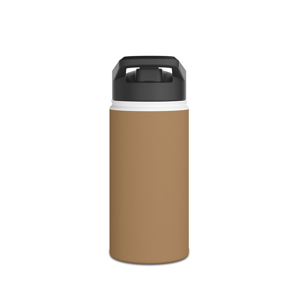 Sandstone matte stainless steel water bottle with black sports lid, angled view