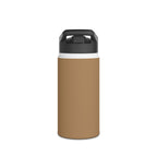 Sandstone matte stainless steel water bottle with black sports lid, angled view