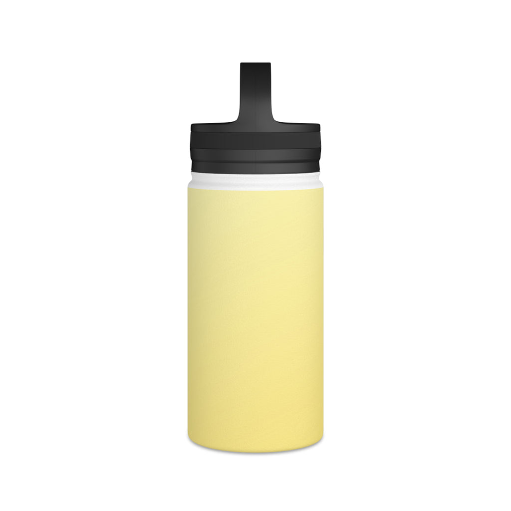 Insulated water bottle with lemon yellow body and black push/pull style lid