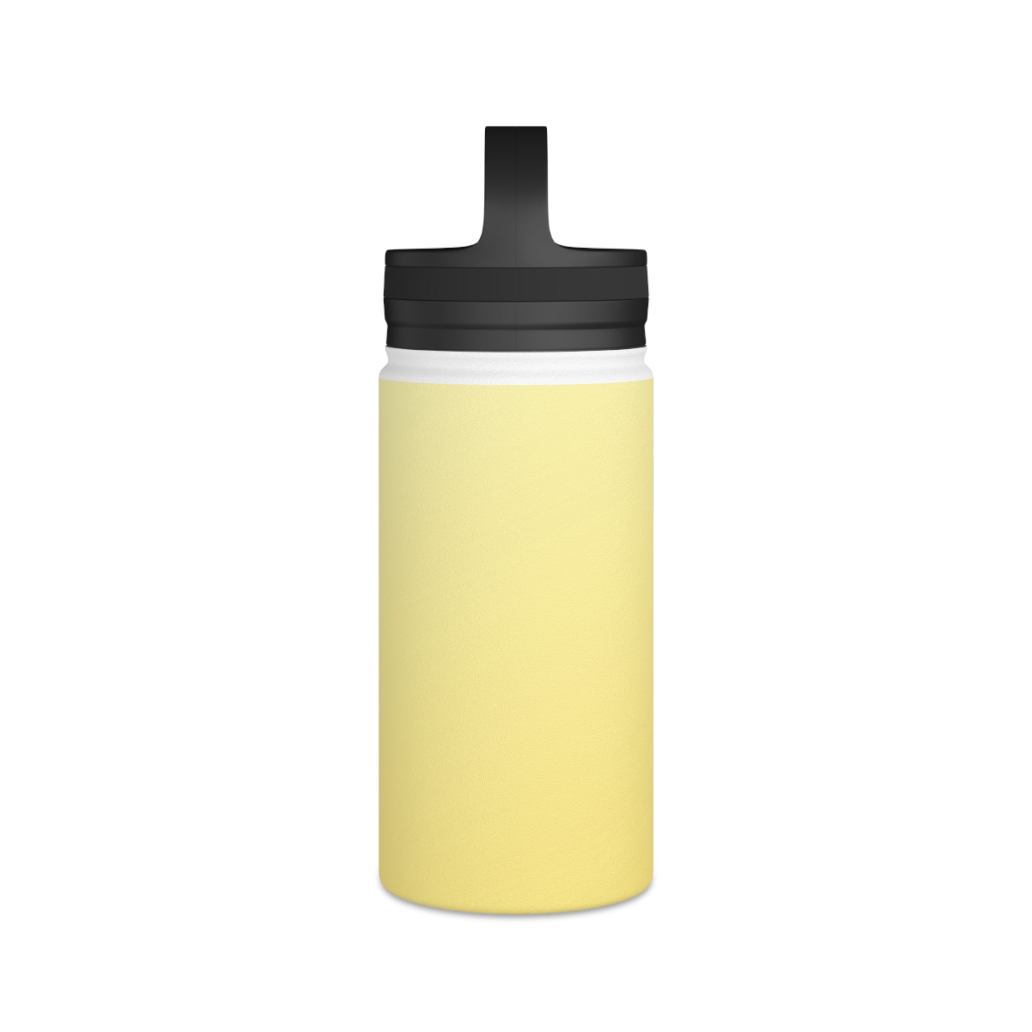Insulated water bottle with lemon yellow body and black push/pull style lid