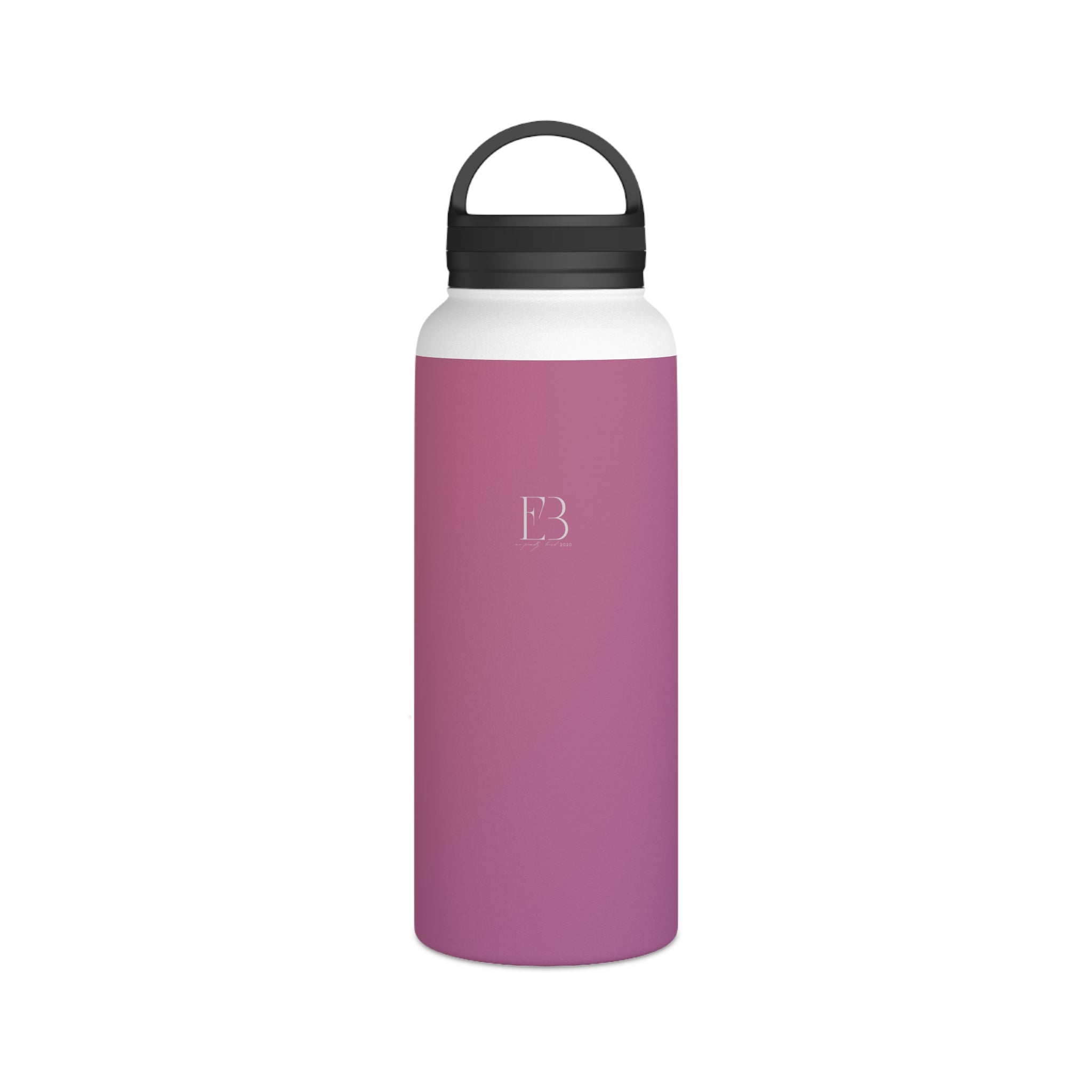 Rose orchid insulated stainless steel water bottle with black handle lid, E3 logo