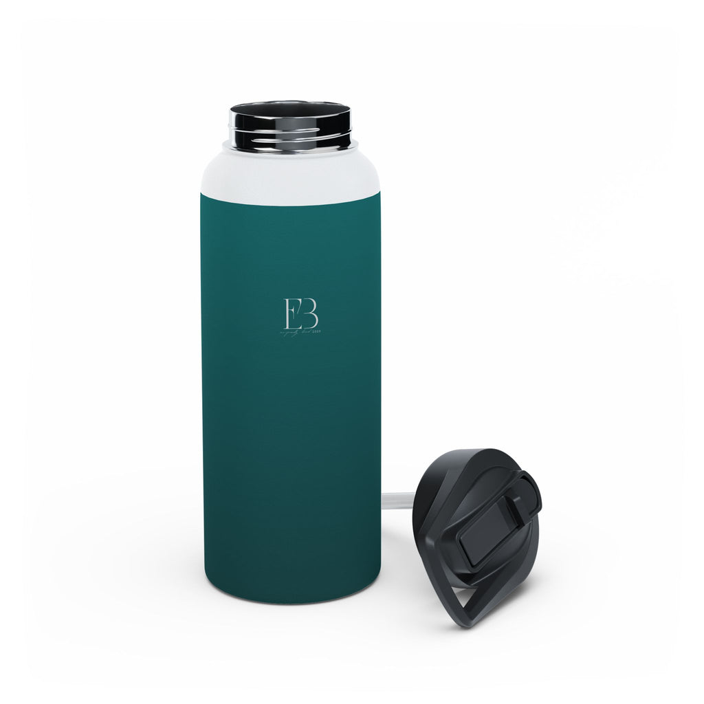 Deep teal stainless steel water bottle with E3 emblem and detached sports cap