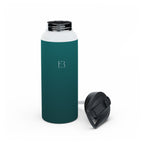Deep teal stainless steel water bottle with E3 emblem and detached sports cap