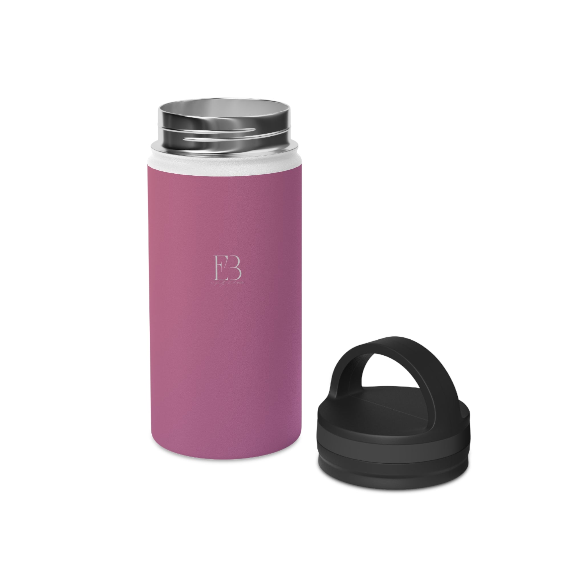 Rose orchid insulated stainless steel water bottle with black handle lid and silver top
